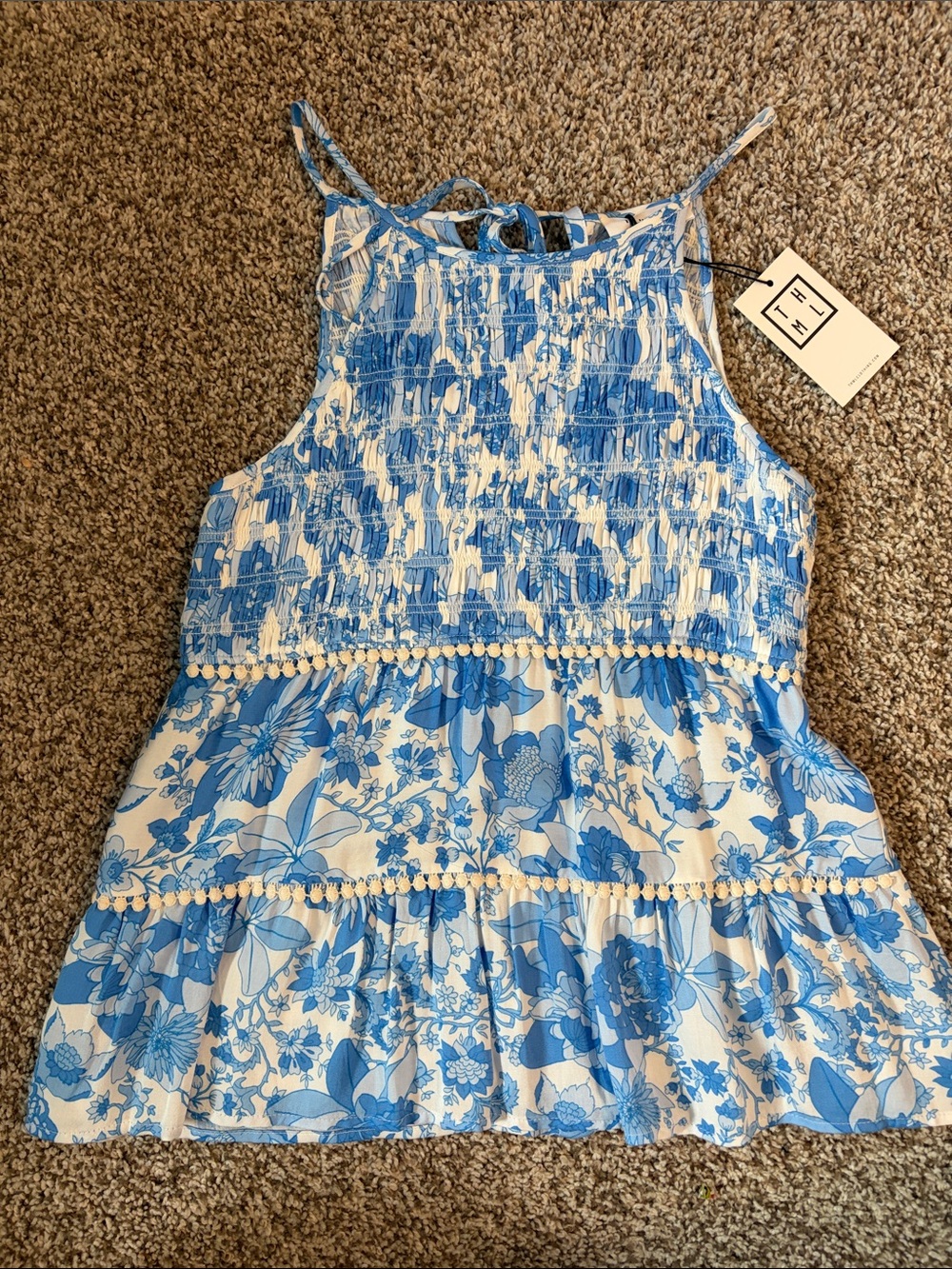 THML White and Blue Floral Smocked Shirt